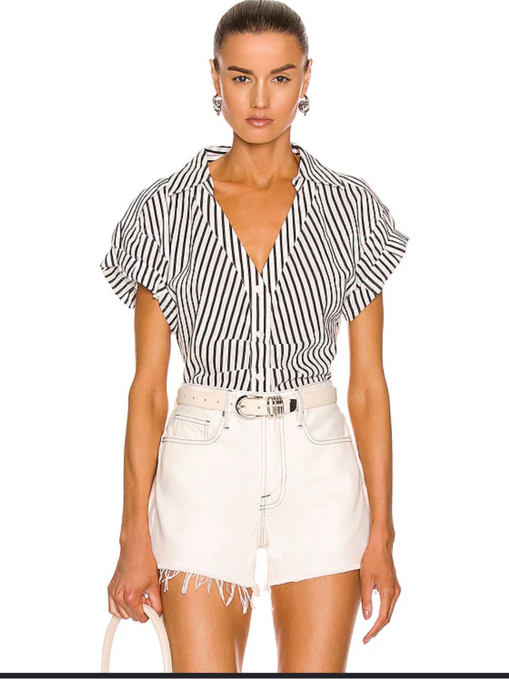 FRAME Button Down Rolled Sleeve Top Black White Stripe Size S NWT
